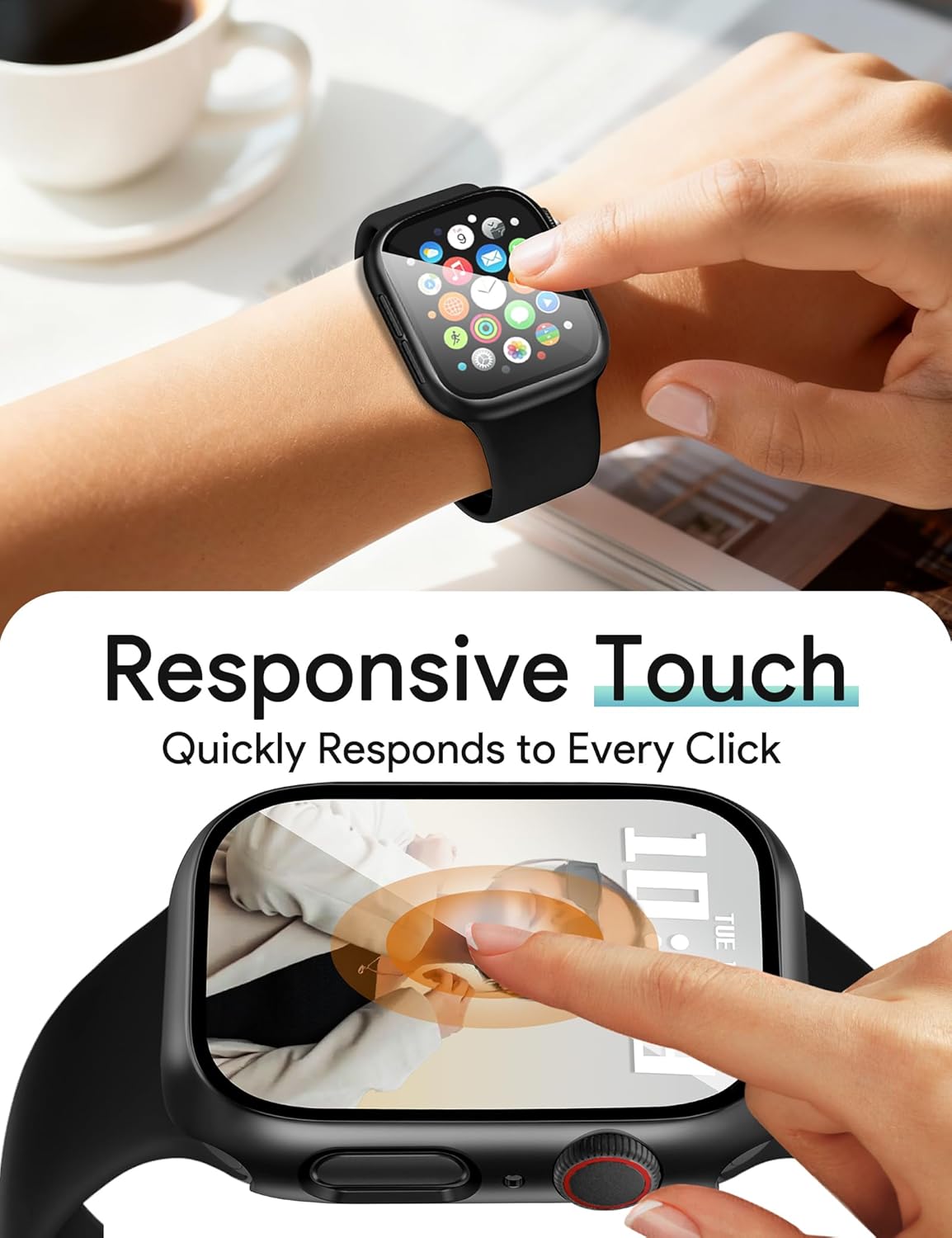 JR.DM 46mm 2 Pack Hard PC Case with HD Tempered Glass Screen Protector for Apple Watch Series 10/11 (2025), Guard Bumper Full Coverage Protective Anti-Scratch Face Cover for iWatch, Black+ Black