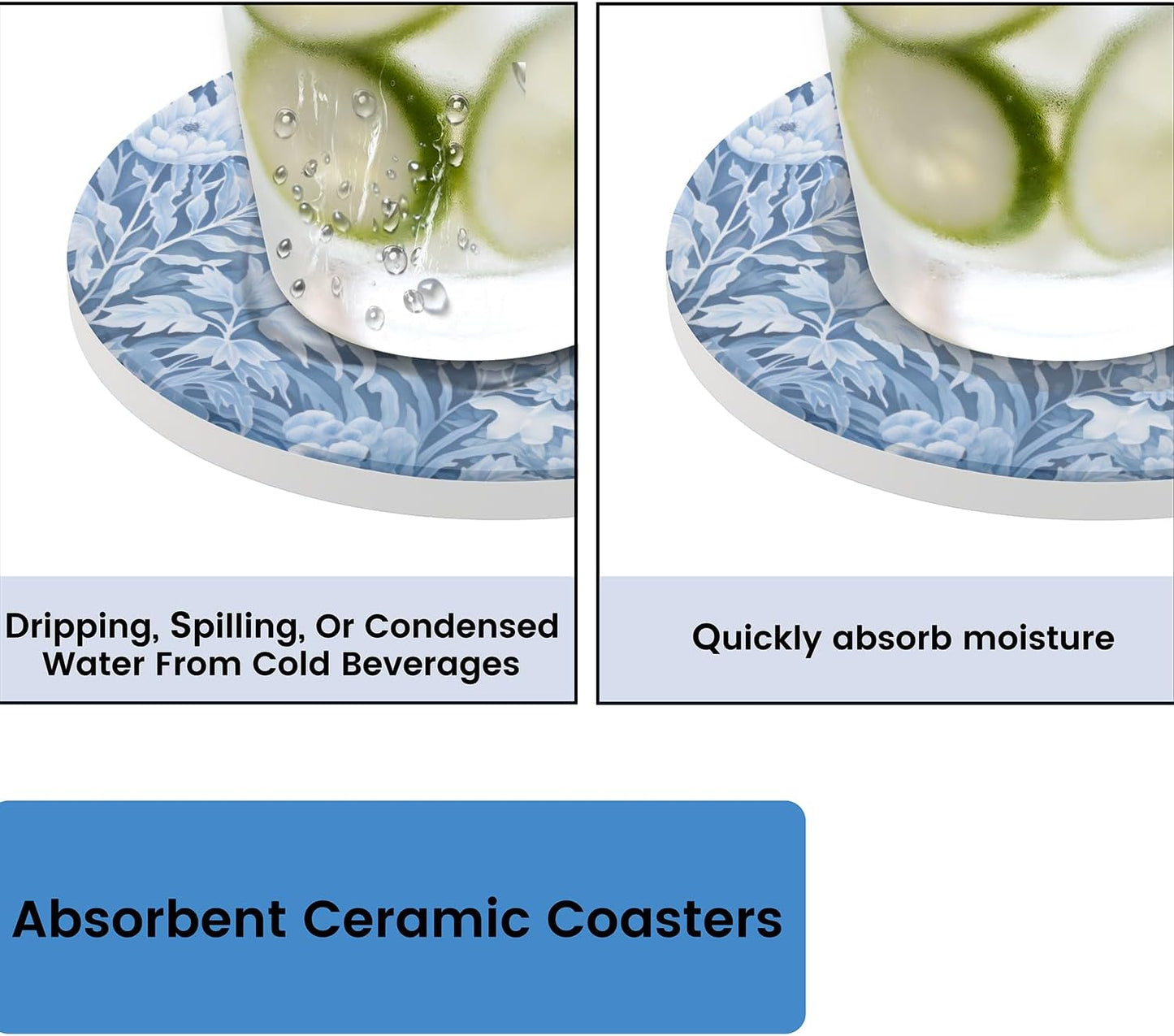 Ceramic Coasters for Drinks with Cork Back, Cyan White Floral 4 Inch Absorbent Coaster Set 1 Pack, Quick Dry Non-Slip Coaster Mats for Home, Office, Bar