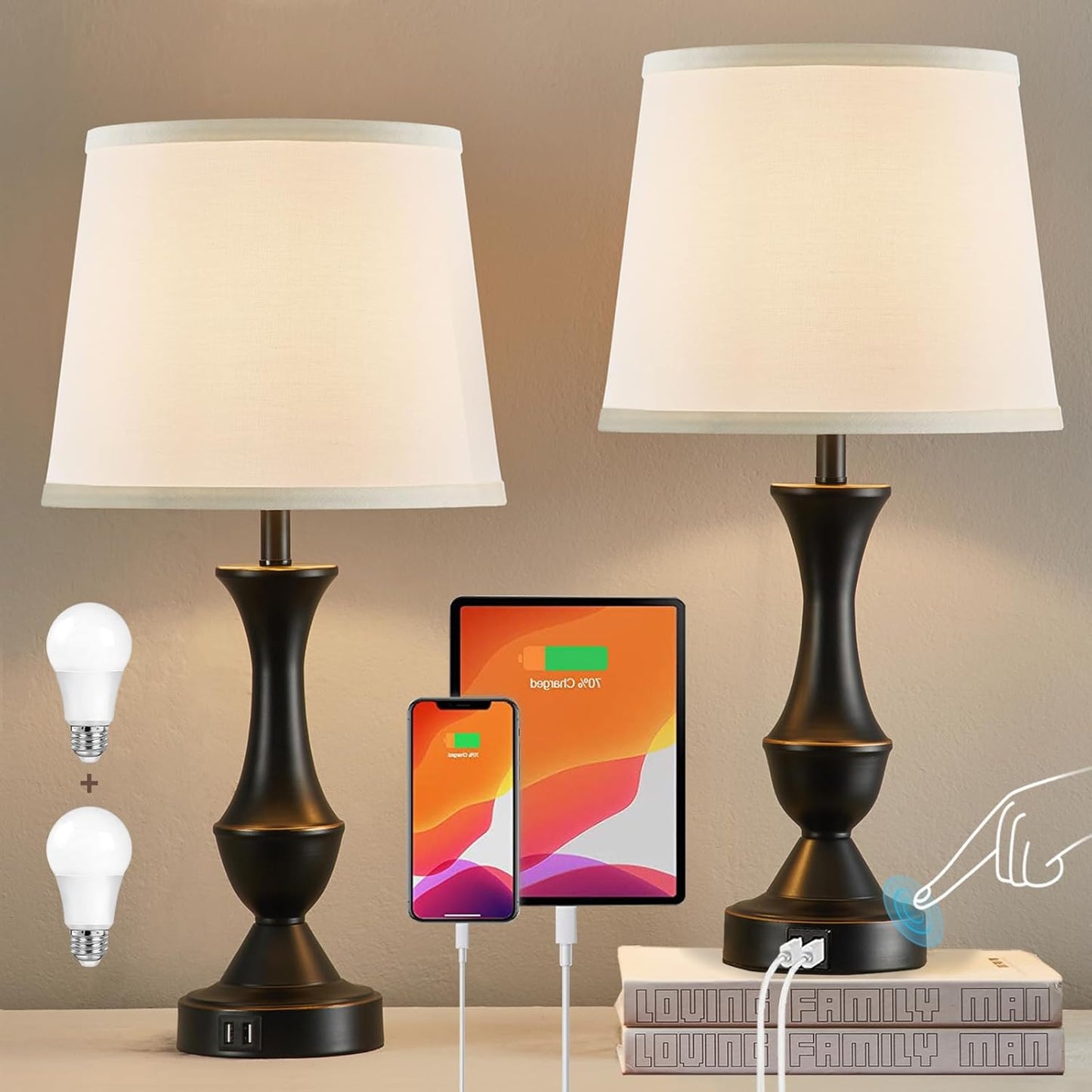 Touch Table Lamps Set of 2, 22" Tall Bedside Lamps with USB C+A Ports, 3-Way Dimmable Nightstand lamps, Table lamp for Bedrooms, Living Room, Office, Black Lamp with White Lampshade, Bulbs Included