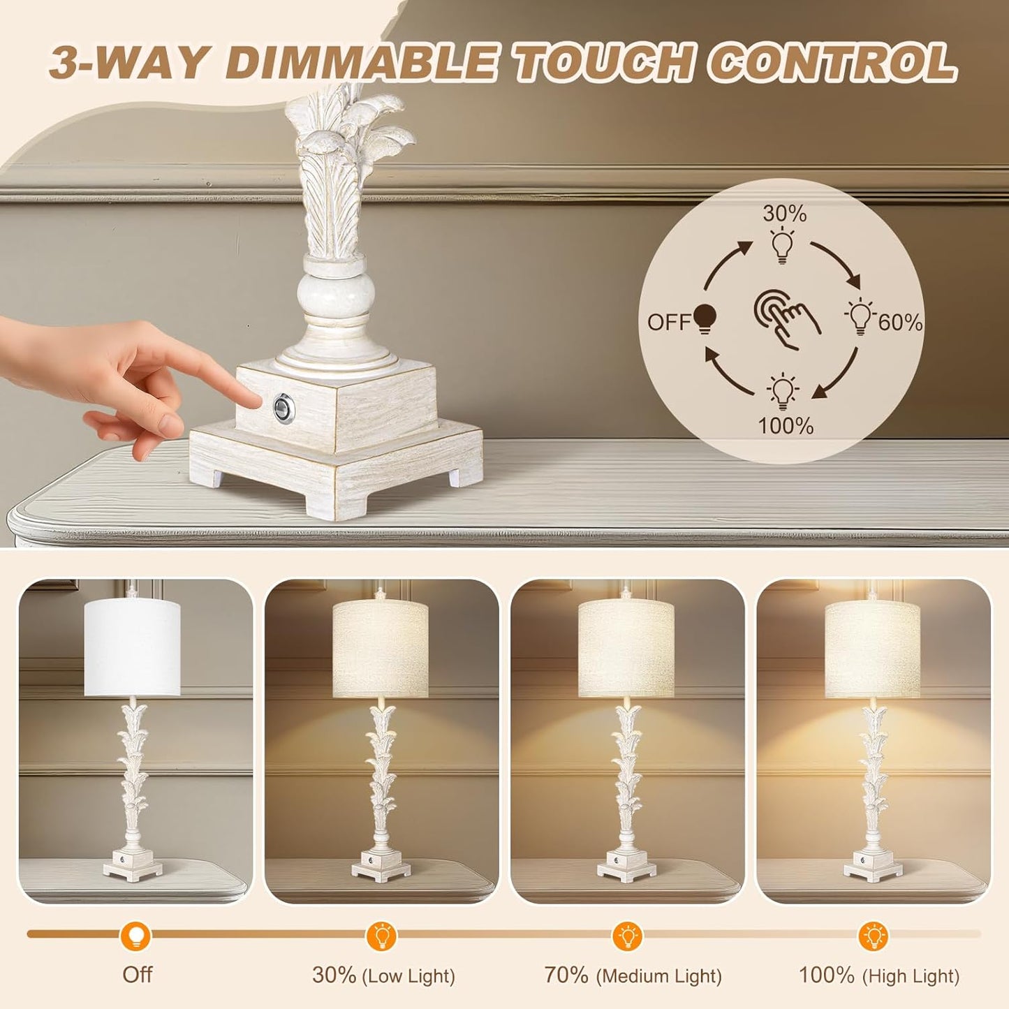 Vintage Table Lamps Set of 2, 3-Way Dimmable Touch Buffet Lamps with 2 USB Ports, 33'' Bedside Nightstand Lamps with Linen Shades, Rustic Farmhouse Table Lamps for Living Room Bedroom, Washed White
