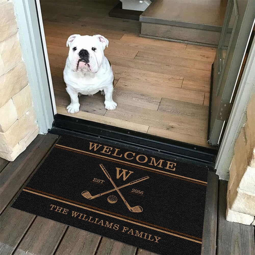 Personalized Golf Doormat – Personalized Welcome Mat with Family Name Year – Non Slip Outdoor Entry Rug for Porch, Garage, or Golf Lover Home Decor, for Men (Golf Doormat 04)