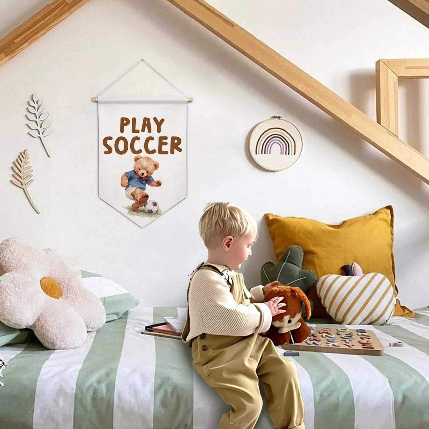 ArtisaEura Bear Nursery Wall Canvas Banners, Bear Nursery Decor, Play Soccer Hanging Display Pennant Banner Flags, Play Room Wall Decor for Kids Toddler Boys Room Bedroom Playroom