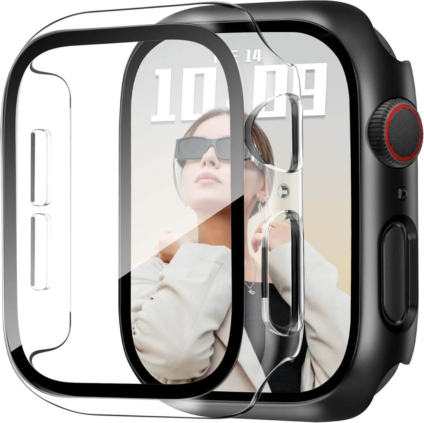 JR.DM 40mm 2 Pack Hard PC Case with HD Tempered Glass Screen Protector for Apple Watch Series 6/5/4/SE/SE2/SE3, Guard Bumper Full Coverage Protective Anti-Scratch Face Cover for iWatch, Black+Clear