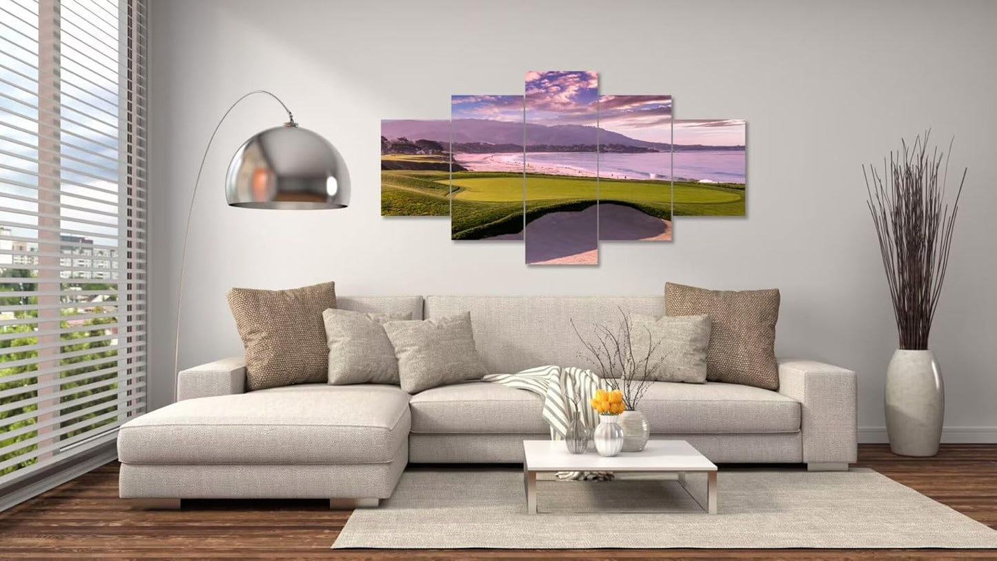 Pebble Beach Golf Course Hole 9th Wall Art Pictures Monterey California Golf Course Wall Decor for Living Room Bedroom Bathroom Home Decorations Canvas Prints Framed Ready to Hang(60''W x 32''H)