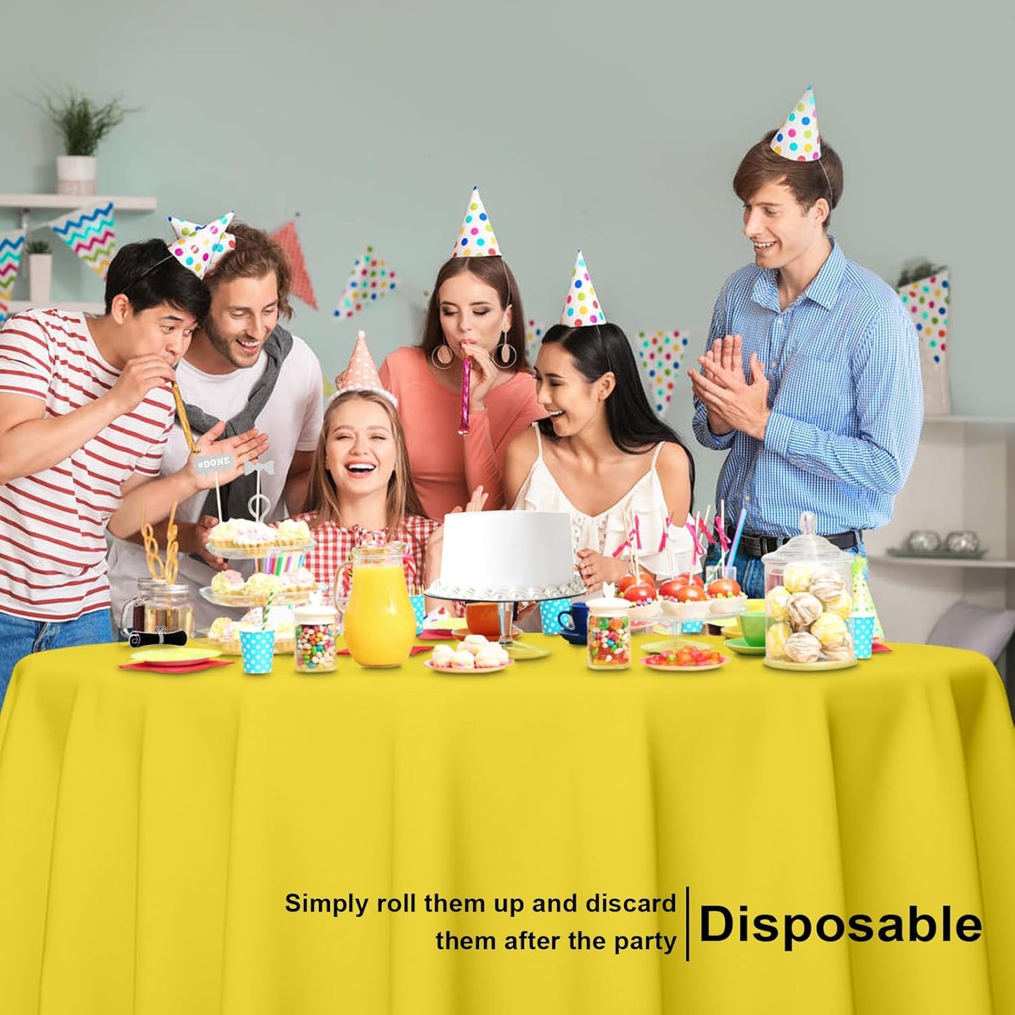 12 Pack Round Disposable Light Yellow Tablecloth, Light Yellow Plastic Table Cloths for Parties Disposable, 84x84 in Waterproof Camping Tablecloth for Birthday Party Baby Shower Picnic School