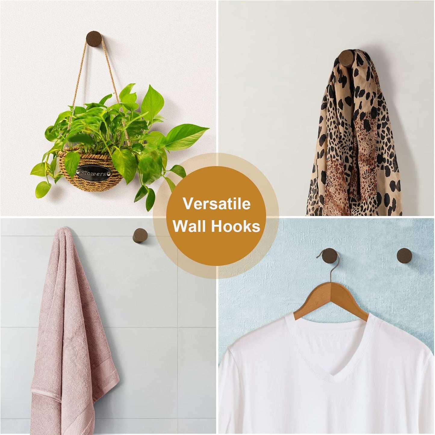 Wood Wall Hooks 6 Pack, Natural Wooden Coat Hooks Wall Mounted, Handmade Rustic Hat Hooks Heavy Duty Entryway Wall Hangers for Hanging Towels, Clothes, Bags (Black Walnut Wood)