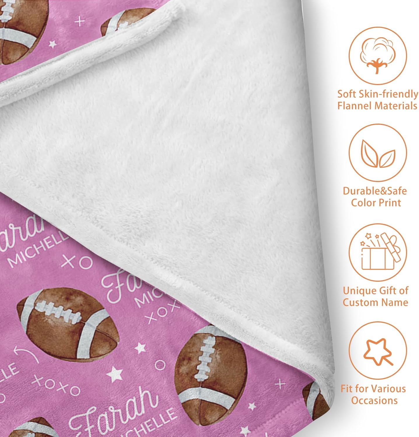 Custom Name Football Blanket - Personalized Names Soft Plush Flannel Throw Blankets for Baby Kids Teen Boys Girls Holidays Birthdays Gifts Color12