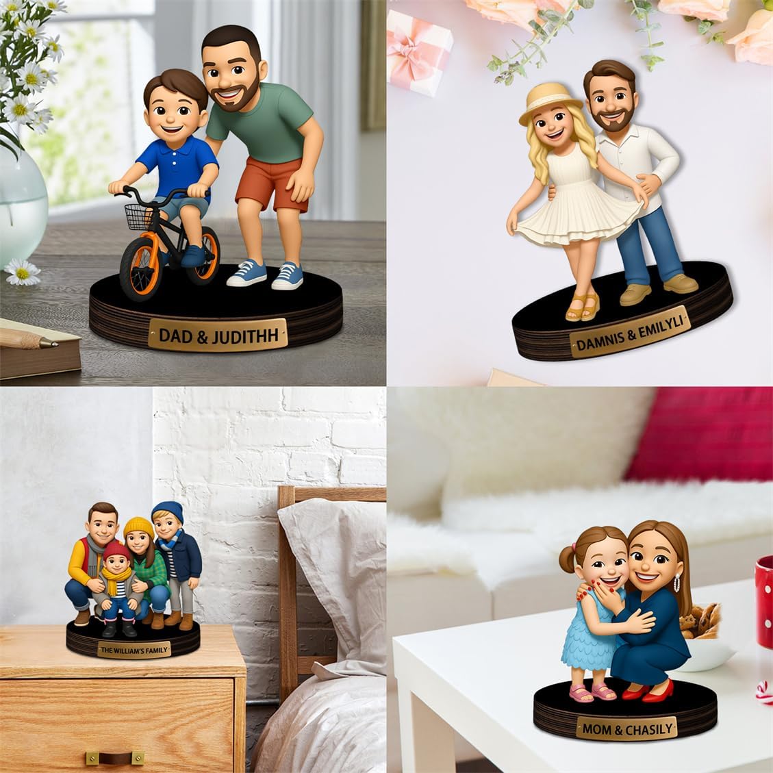 Personalized Family Photo Cartoon Desktop Decor Custom 2D Birthday Portrait Figurine Plaque with Name Picture Acrylic Sculpture Desk Sign Ornament for Men Women Family Couple Christmas Birthday,01