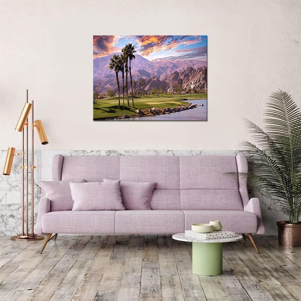 HJY Art USA California Golf Course Wall Art Golf Course Canvas Wall Decor Sunset Landscape Painting Poster for Home Decor Living Room Bedroom Office Club Gym Framed Artwork (28 x 44 inch)