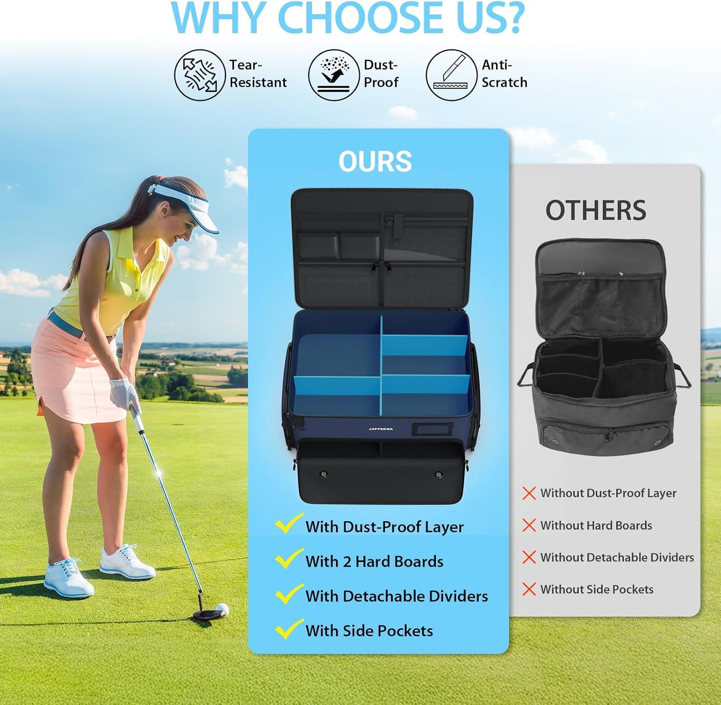 3-Layer Golf Trunk Organizer, Golfer Gifts for Men Women with Separate Ventilated Compartment for 2 Pairs Shoes, Waterproof Car Golf Locker Storage Bag for Golf Gear and Accessories,Blue