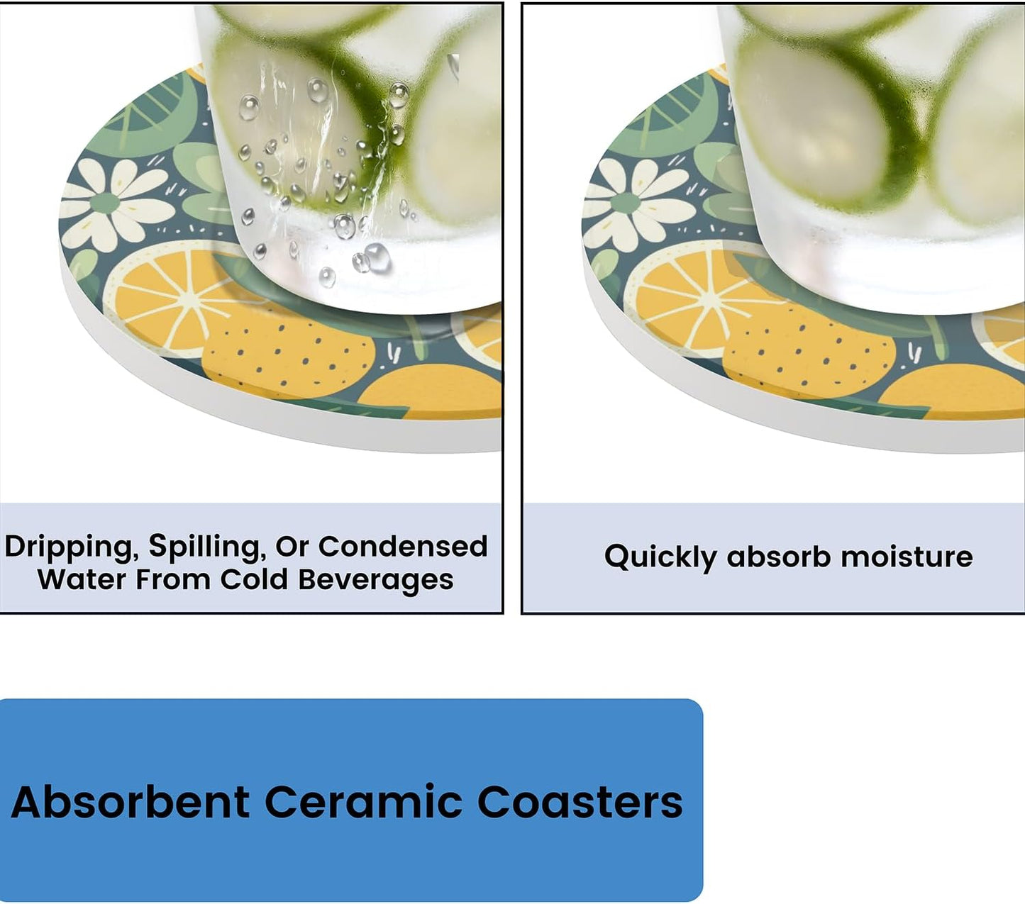 Ceramic Coasters for Drinks with Cork Back, Citrus Greenery 4 Inch Absorbent Coaster Set 2 Pack, Quick Dry Non-Slip Coaster Mats for Home, Office, Bar