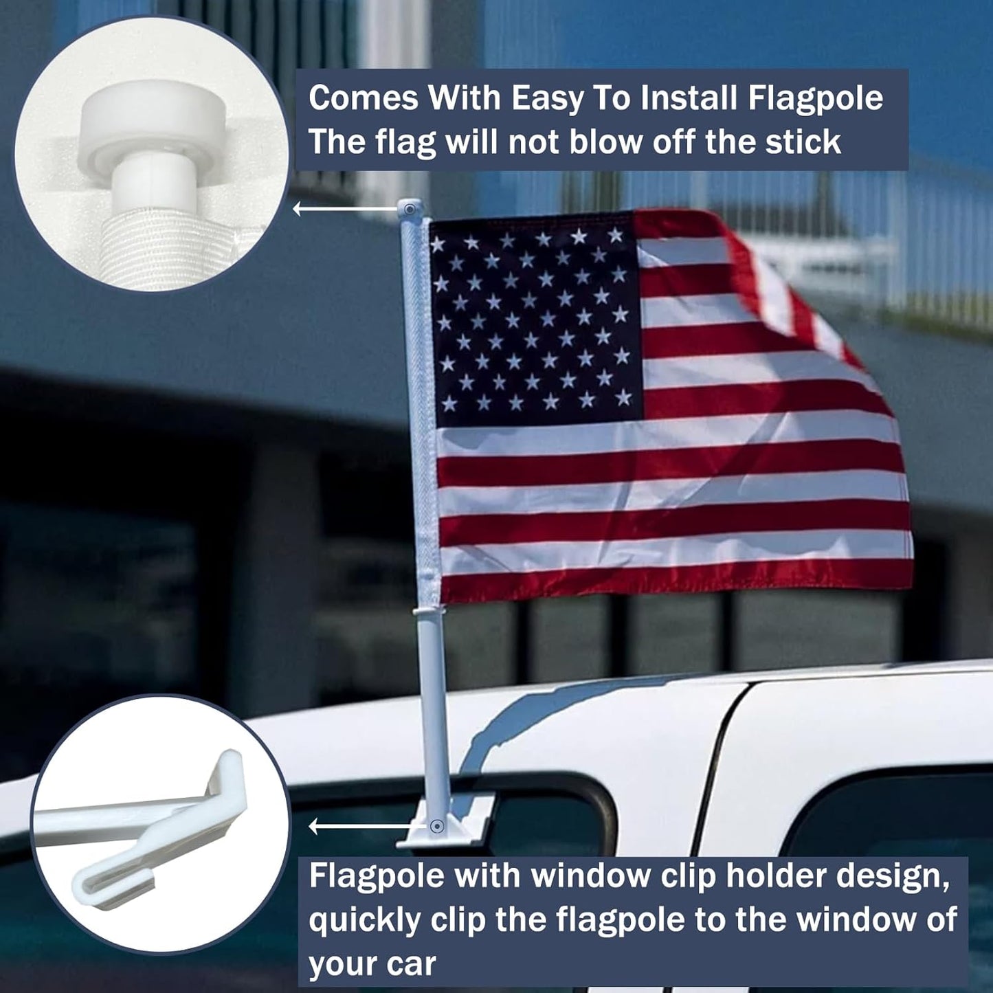 JRED 2 Pack Car Flags 12x18 Inch, American Flag for Cars Window With Flagpole Mount, 210D Embroidered Stars USA American Car Flag Window Clip, for Most Vehicle Window