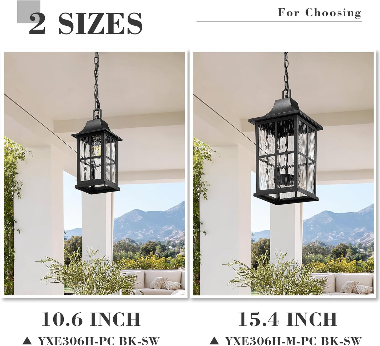 Emliviar Modern Outdoor Hanging Lantern with Dusk to Dawn Sensor, 10.6 Inch Pendant Lighting Fixture for Porch in Black Finish, Water Ripple Glass, YXE306H-PC BK-SW