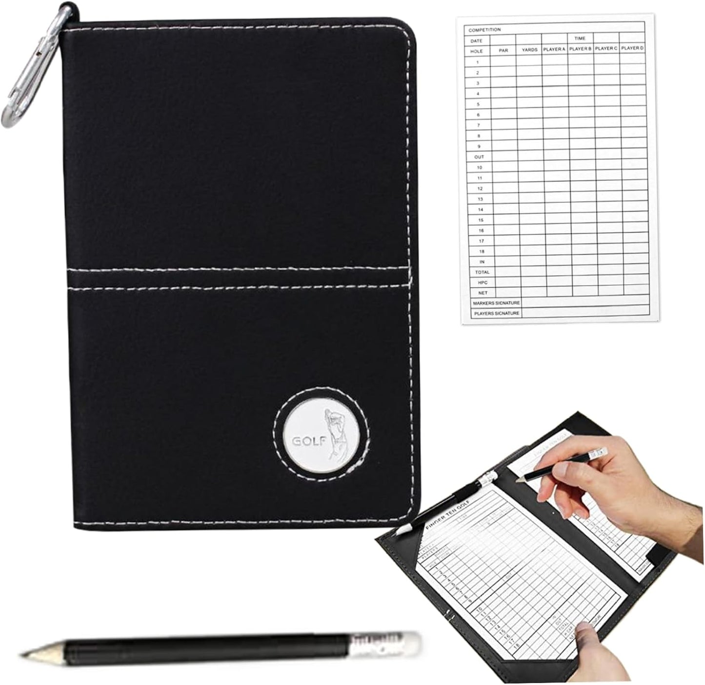Golf Scorecard Book, Golf Scorecard Holder, PU Leather Scorecard Holder Cover Yardage Book Cover with Pencil & Golf Ball Marker Golf Score Counter Book for Men Women, Golf Yardage Book