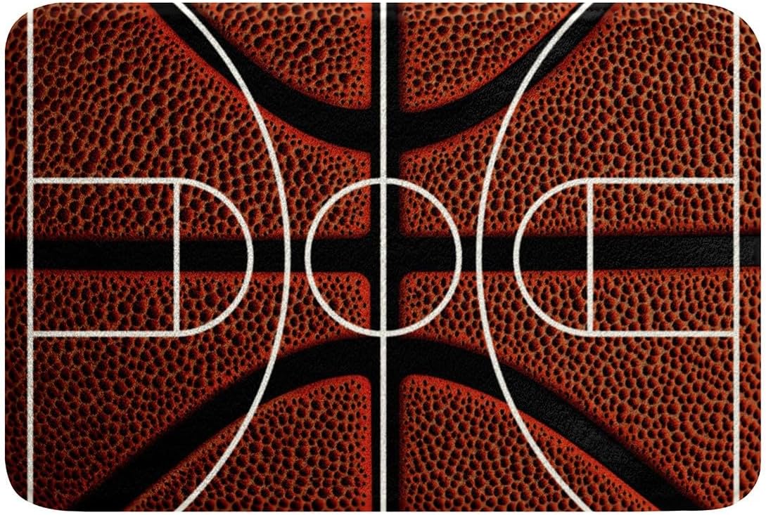 Feelyou Basketball Non Slip Bath Mat Basketball Court Print Soft Fleece Door Carpet for Kids Boys Girls Ball Sports Games Polyester Bath Rug Orange Basketball Bathroom Floor Indoor Doormat,16x24 Inch
