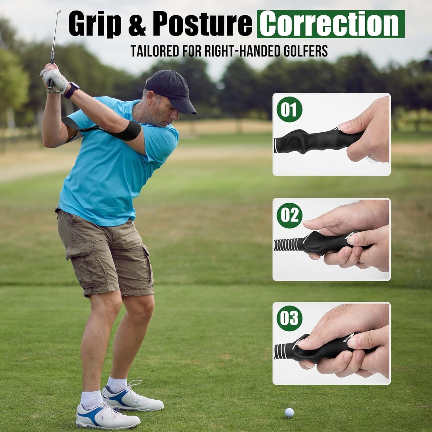 Retractable Golf Swing Training Aid, Golf Grip Trainer for Swing Tempo & Chipping Practice, Right-Handed Golf Swing Trainer with Arm Band for Beginners, Indoor Outdoor Practice