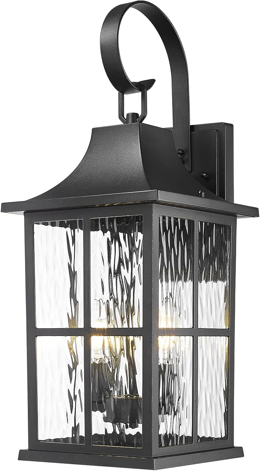 Emliviar 2-Light Large Outdoor Wall Sconce Lighting, 21.5" Outside Classic Porch Lamp in Black Finish, Wall Lantern with E12 Sockets, Water Ripple Glass, YXE306B-M BK-SW