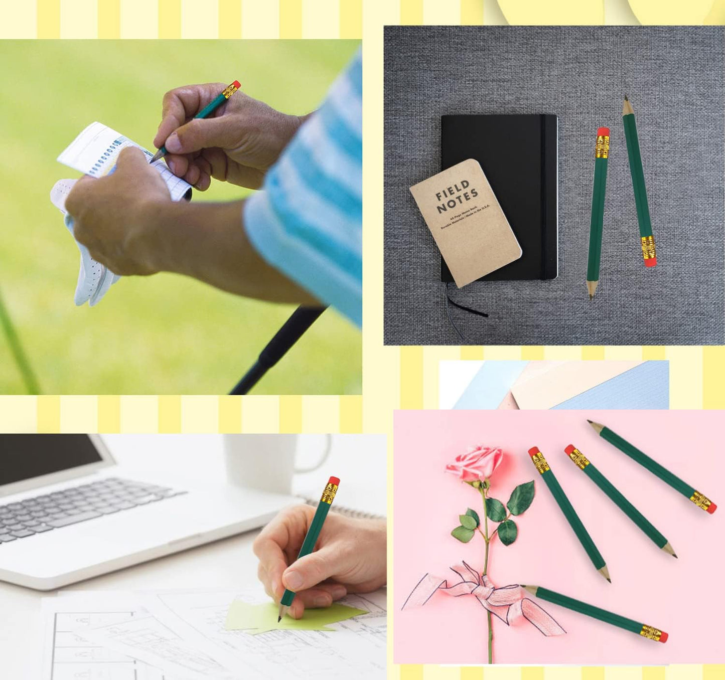 Adhere 50pcs Golf Pencils with Eraser Hexagon Wooden half Pencils Graphite 2B for Golf Event Scoring, Classroom, Wedding, Pew, Pocket | Free Pencil Sharpener (Green・Hexagon・50pcs)