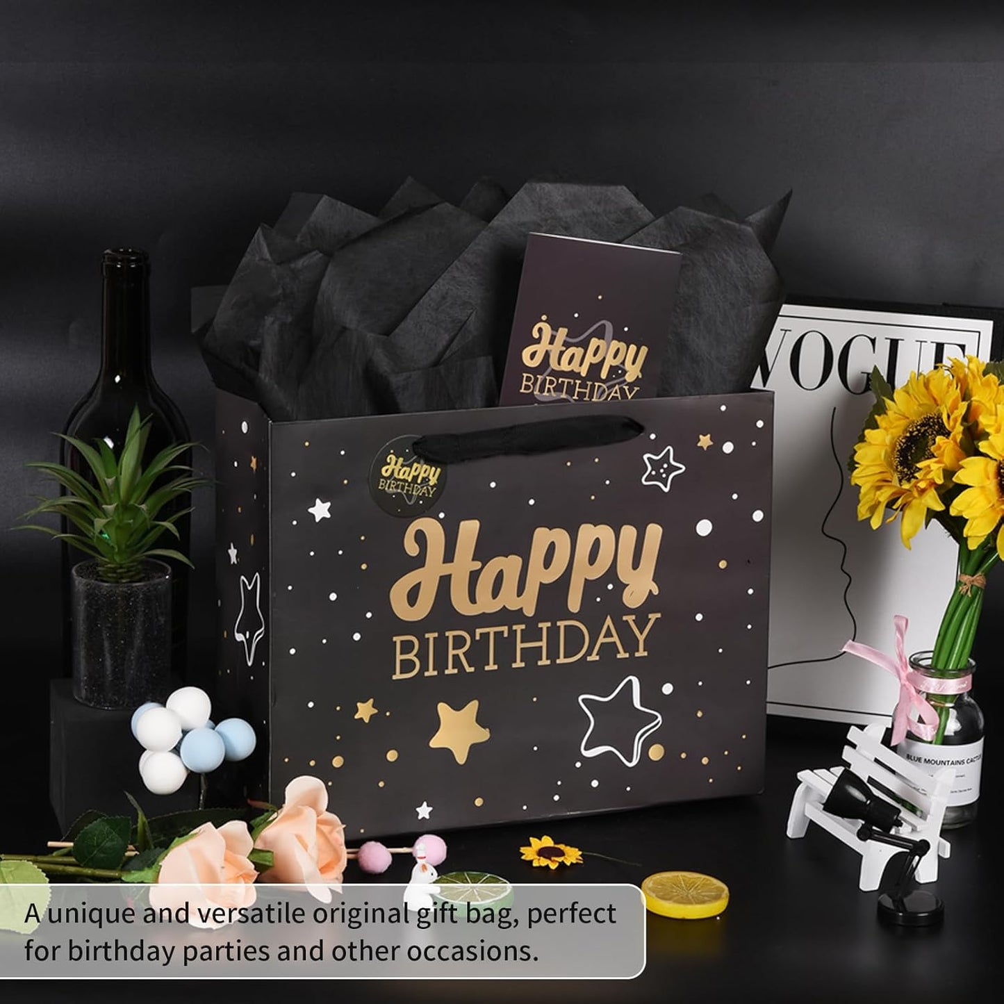 13" Black Happy Birthday Gift Bag with Tissue Paper and Greeting Card for Party,Happy Birthday Gift Bag for Men Fathers, Gift Bags Medium size(1 PCS Black, Attach Dad Cards)