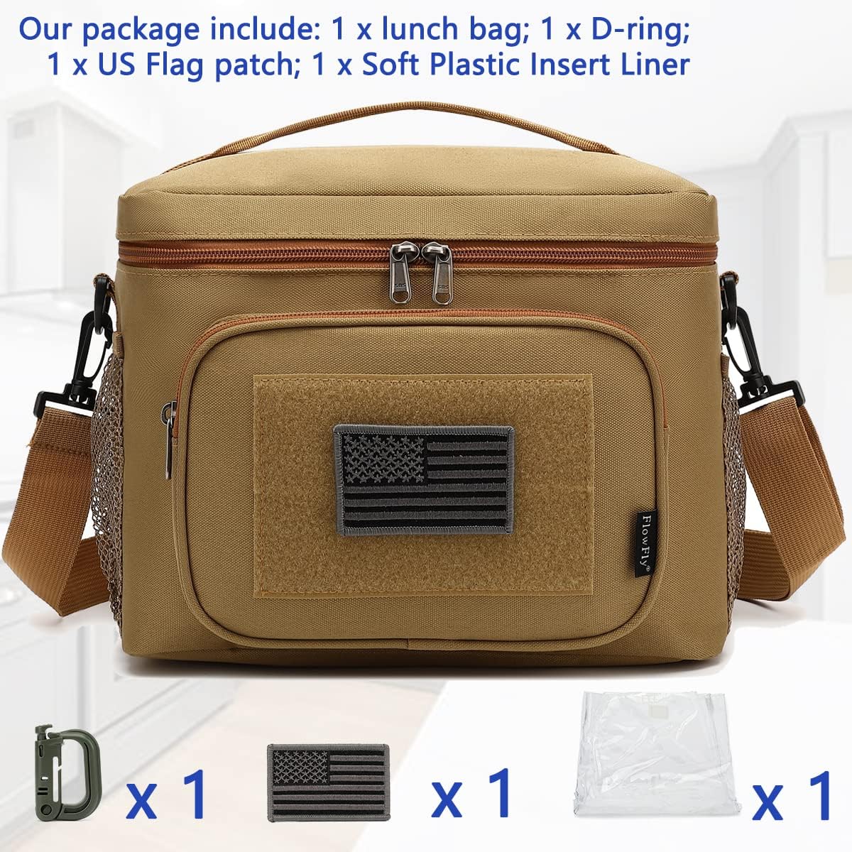 FlowFly Lunch Bag, Insulated Cooler, Thermal Lunch Box Tote with MOLLE/PALS Webbing, Adjustable Padded Shoulder Strap, for Tactical Men Women Adults and Boys Girls Kids (Brown, Large)