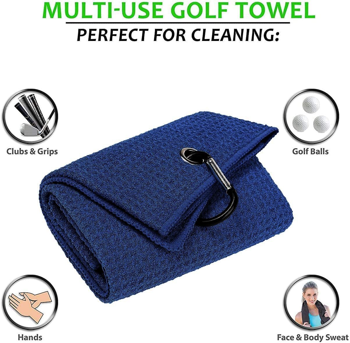 Golf Towels, Microfiber Waffle Pattern Tri-fold Golf Towel - Brush Tool Kit with Club Groove Cleaner, with Clip Men Women Golf Gifts (Navy Blue Towel+Black Brush)