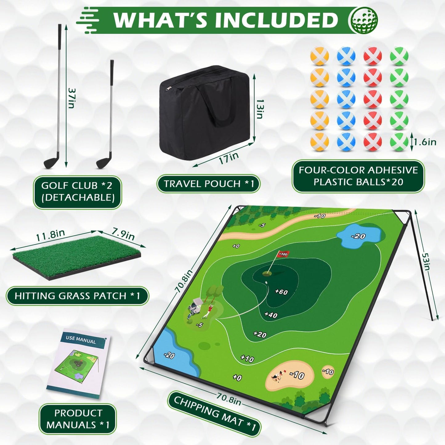 MOLACHI Golf Chipping Game, 71"x71" Portable Sticky Golf Play Mat, Indoor Outdoor Golf Practice, 2 Adjustable Clubs ＆ 20 Sticky Golf Balls for Adults, Family Fun Yard Game Golf Lawn Activity