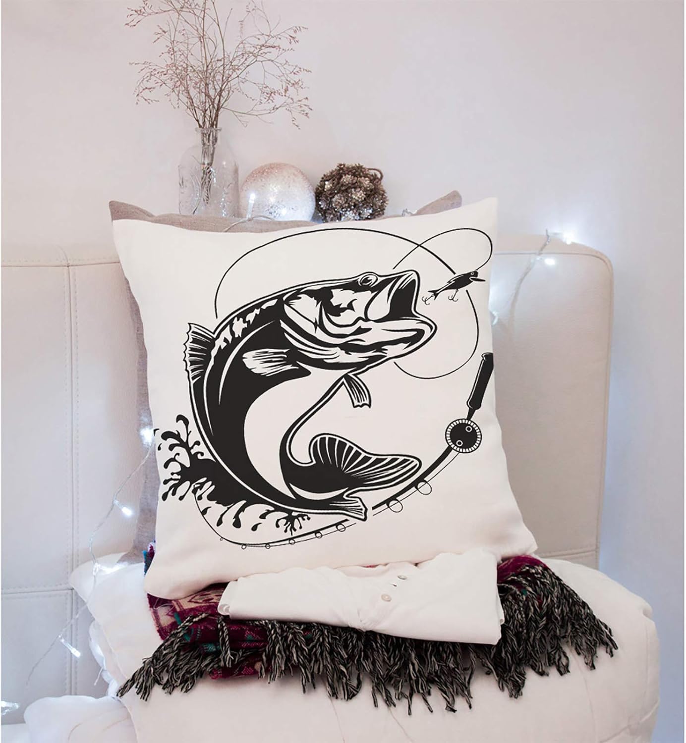 Throw Pillow Covers Black Walleye Fishing Bass Fish Club Emblem White Jump Lure Cotton Linen Decorative Square Pillowcases Cushion Cover 18 X 18 Inch