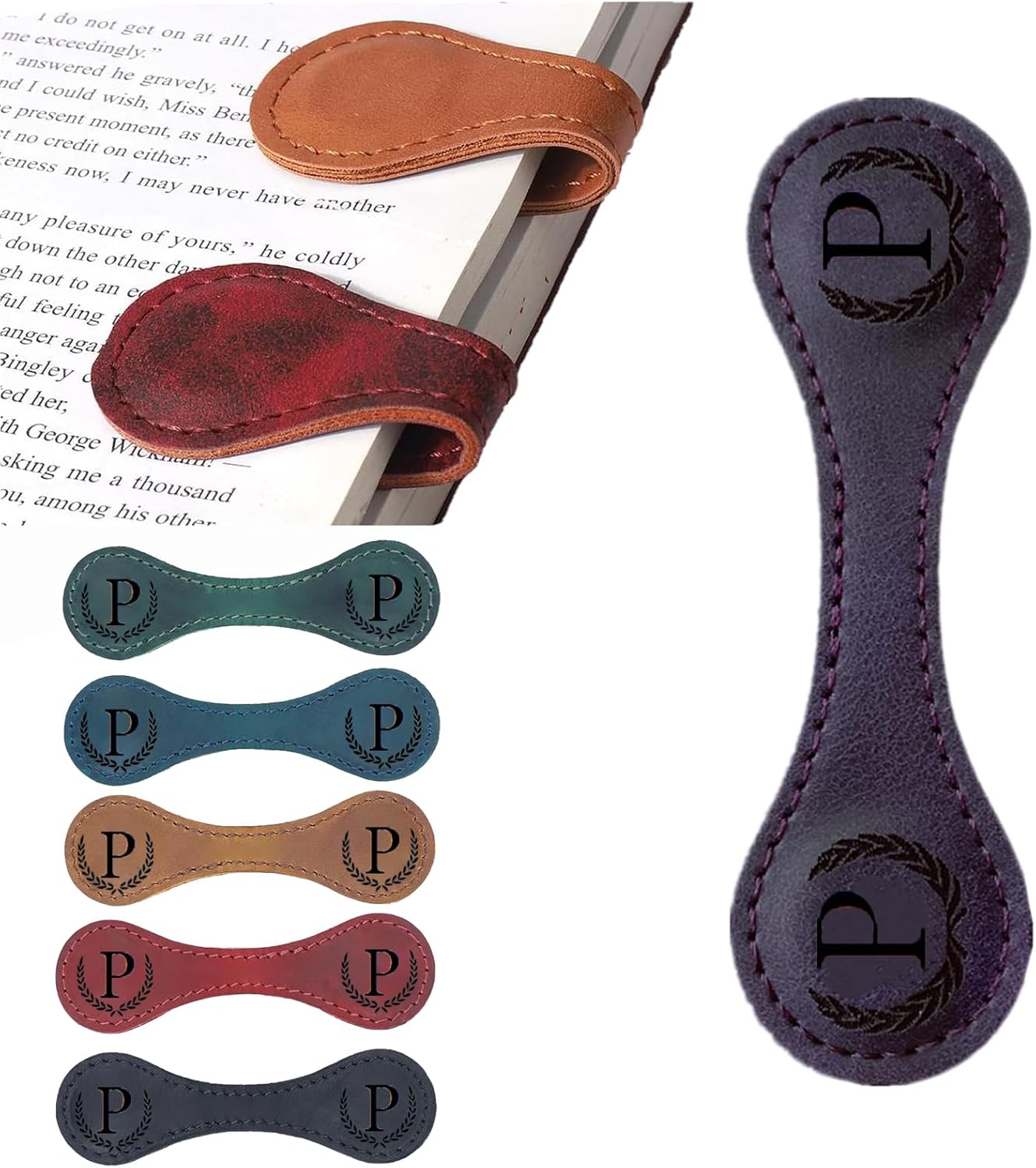 Personalized Magnetic Leather Bookmark, 26 Letters Custom Leather Bookmarks, Handmade, Leather Magnetic Bookmark for Book Lovers Readers Women Kid(Purple，P）