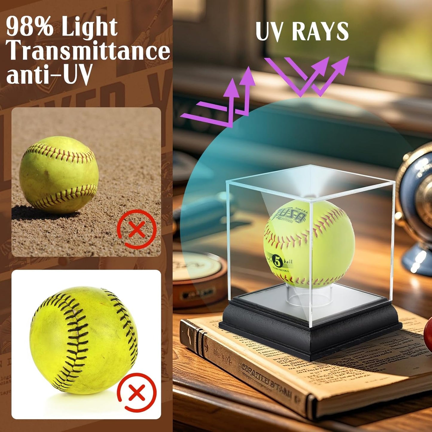 Softball Display Case with Led Light, UV Protected Cube with Wood Base Stand, Clear Acrylic Softball Holder for Single Autograph Ball