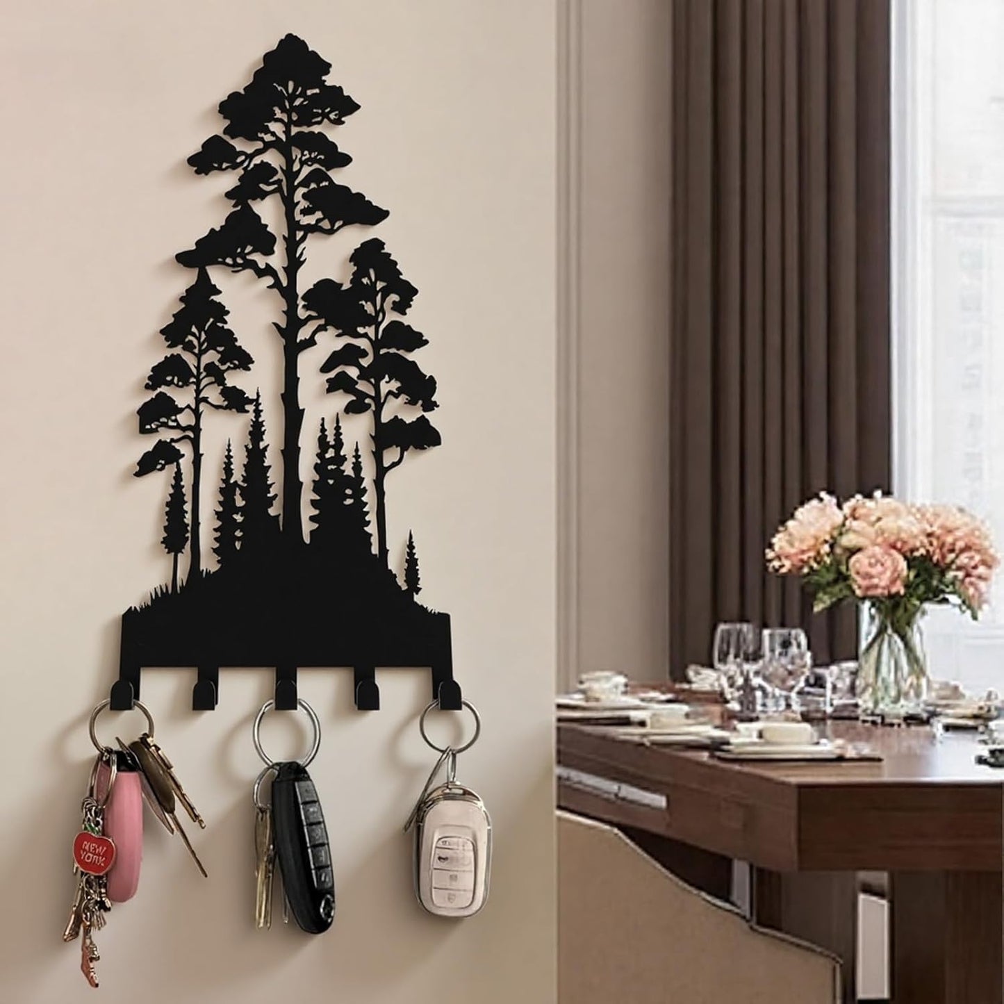 Metal Key Holder for Wall,Lofty and Dense Trees Key Hooks Wall Mount Whith 5 Hooks,Black Metal Key Hanger Wall Decor for Front Door,Hallway,Entryway,Office