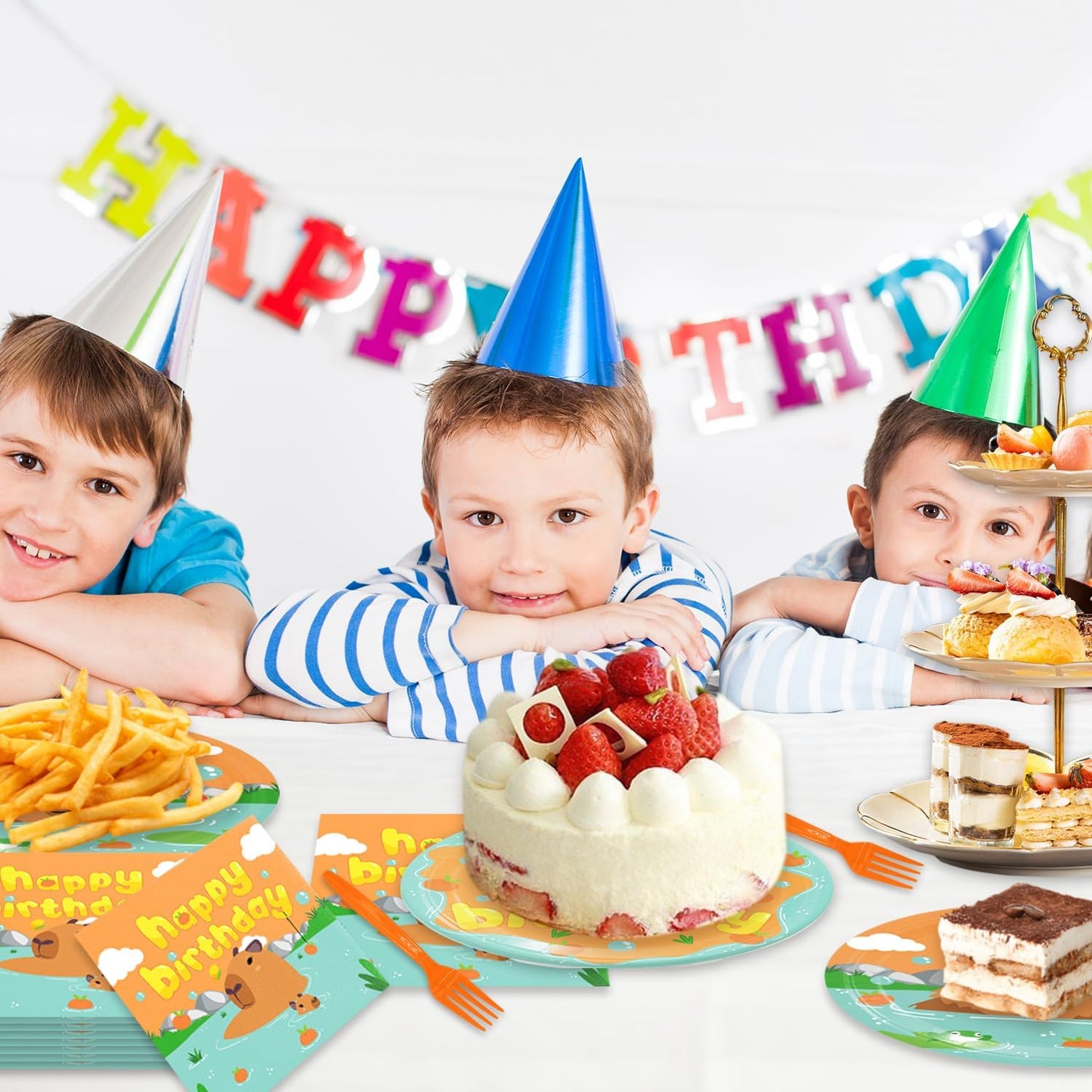 48Pcs Capybara Birthday Decorations Cartoon Capy Theme Baby Shower Plates and Napkins Forks Serves 16 Guests Capybara Birthday Party Decorations