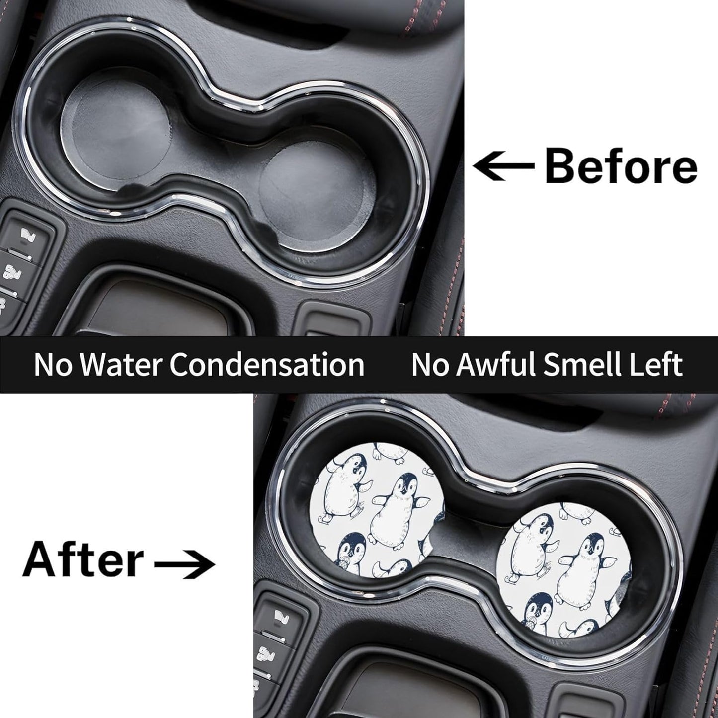 Car Cup Holder Coasters, Cute Penguins Car Coasters for Cup Holder Drinks, 2 Pack Ceramic Auto Interior Accessories for Women Men