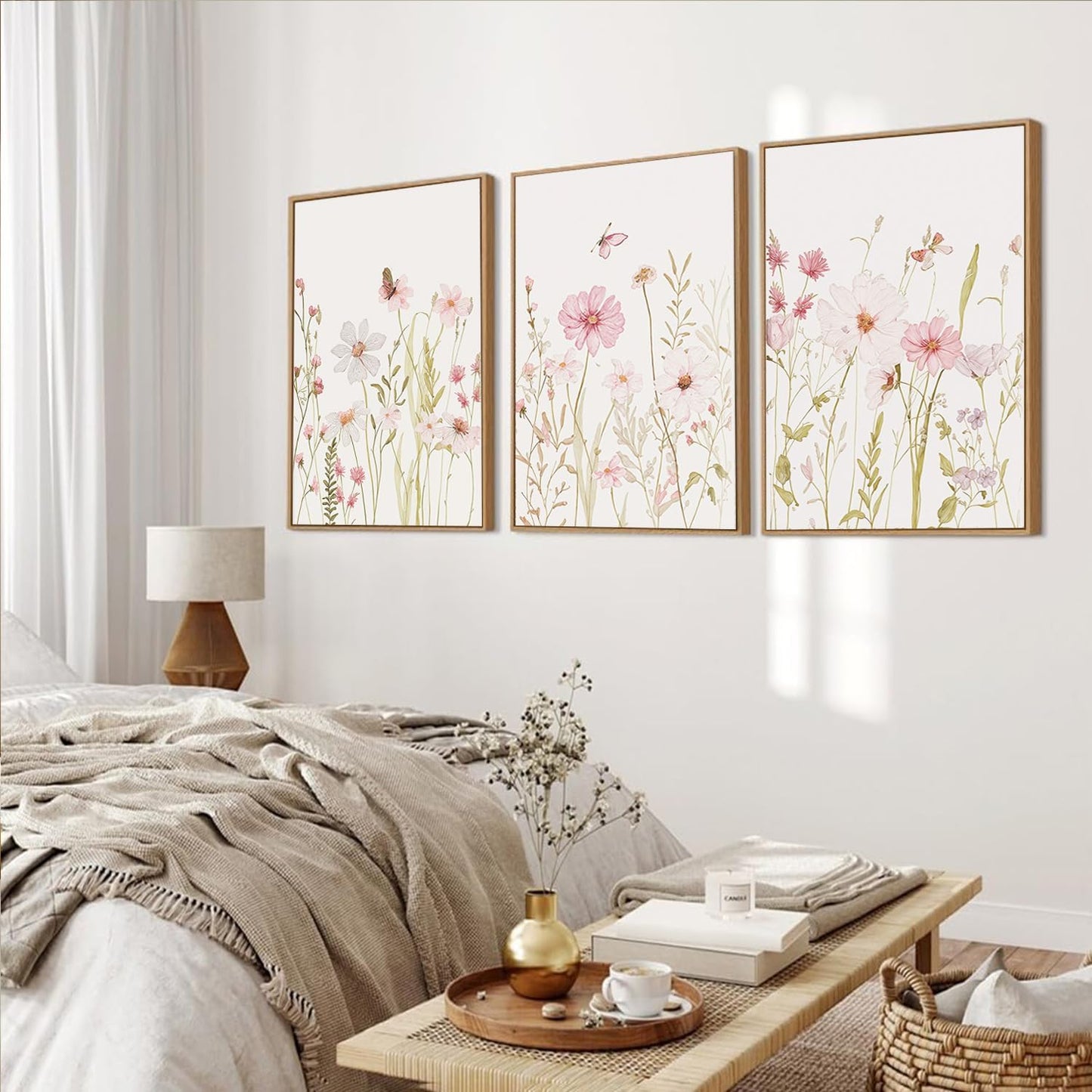 MTFBWY 3Pcs Framed Wildflower Canvas Wall Art – Pink Floral Wall Art Watercolor Prints, Pink Botanical Artwork, Colorful Flower Pictures Decor Printing for Living Room, Girls Bedroom, or Bathroom, 24L" x 16W"