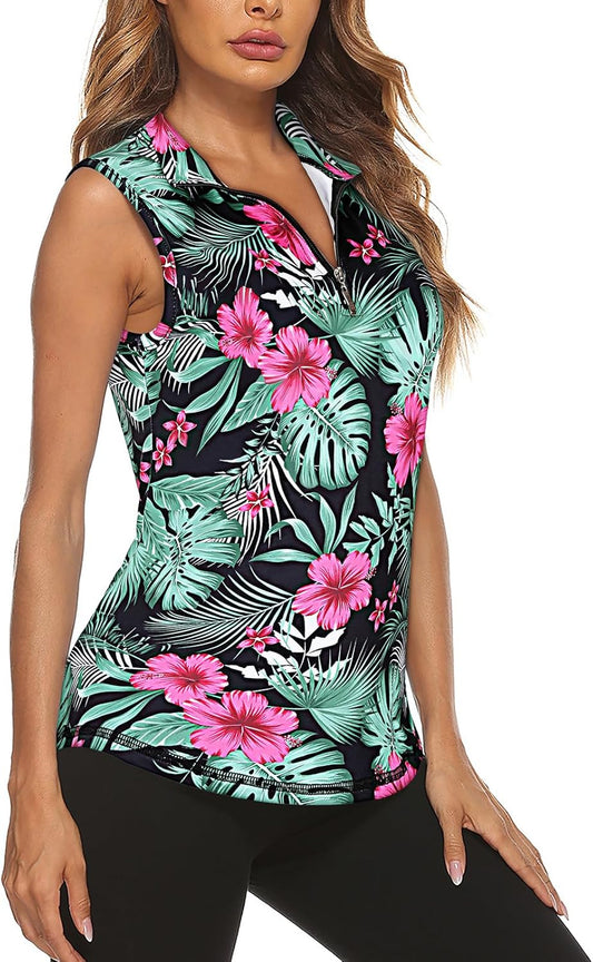 Koscacy Women's Sleeveless Golf Tennis Polo Shirts Zip Up Dry Fit Workout Tank Tops Athletic Shirt