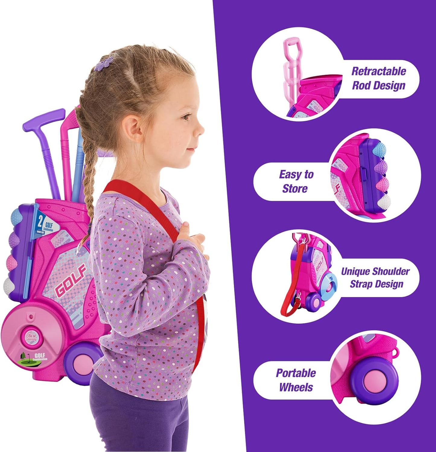 Toddler Golf Set 2-4 Years, Upgraded Kids Plastic Golf Clubs with 12 Balls, Putting Mat, Shoulder Strap, Indoor Outdoor Game Sport Toys Gift for Baby Boys Girls Aged 3-5, Pink