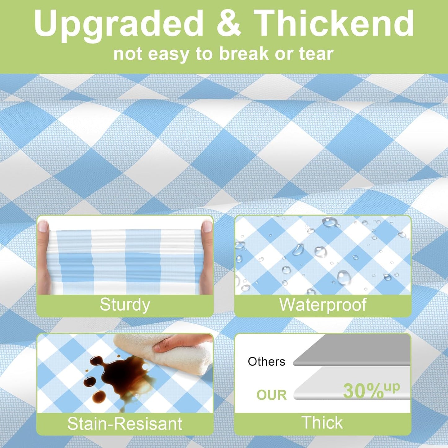 QIKSION Blue Gingham Tablecloth Disposable 12 Pack, 54 x 108 Inch Blue and White Checkered Table Cloth for Rectangle Tables, Plastic Table Cover