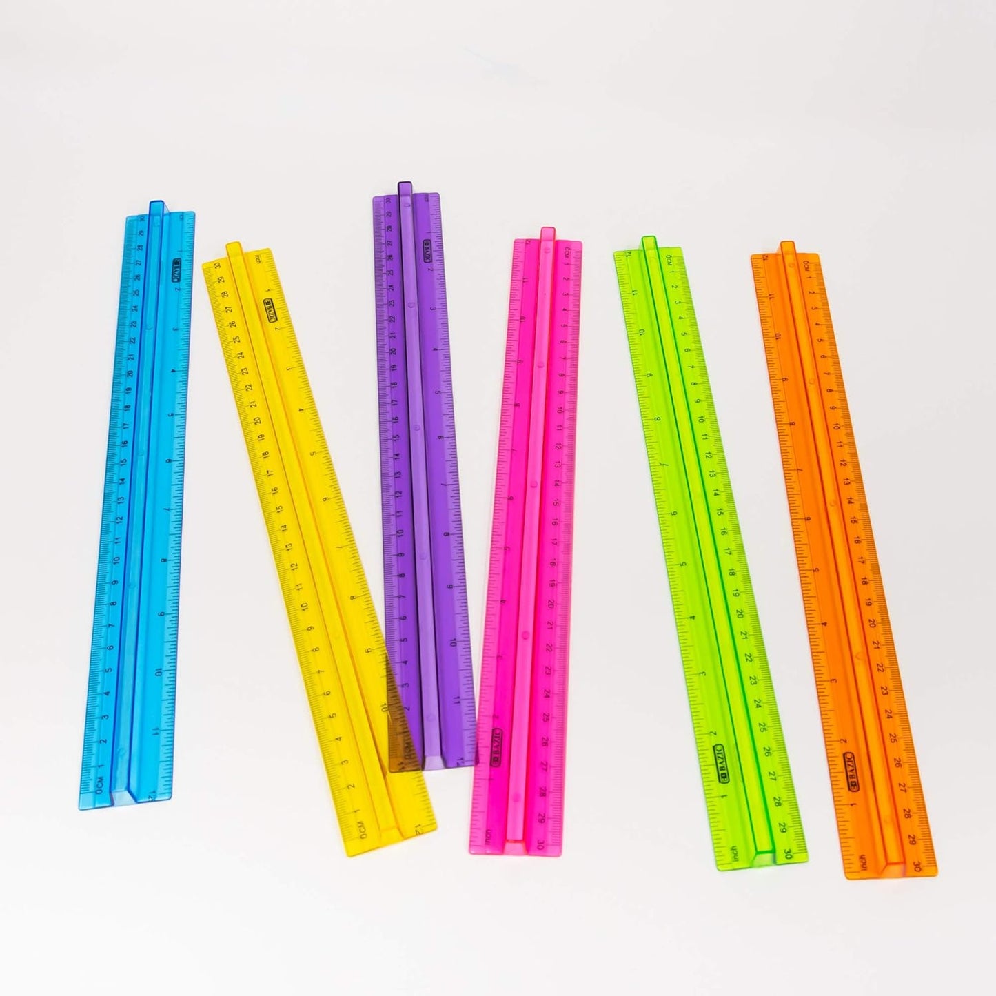 BAZIC Products Plastic Ruler 12" (30cm) w/Handle Grip, Inches Centimeter Metric Measuring Drafting Rulers, for Students School Supplies, Assorted Color, 6-Pack
