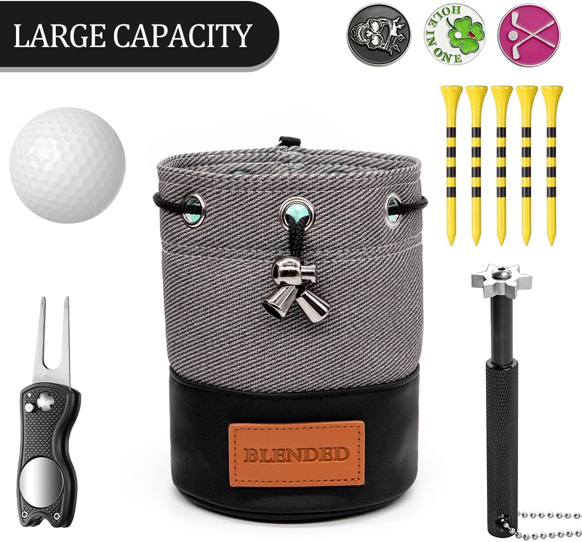 Golf Valuables Pouch,Bucket Waist Design Golf Pouch Bag Tee Bag with Drawstrings Leather for Men Women (Grey)