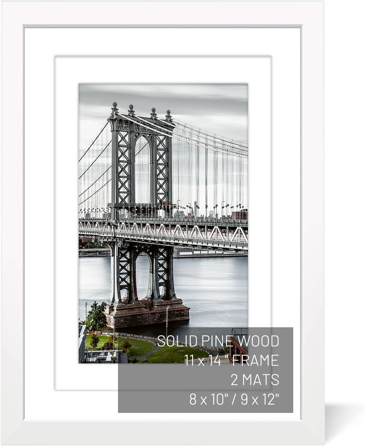 11x14 Picture Frames Solid Wood Display Pictures 9x12 or 8x10 with Mat or 11x14 Frame without Mat Poster Photo Frame Art with 2 Mats for Wall Mounting or Table Top(White)