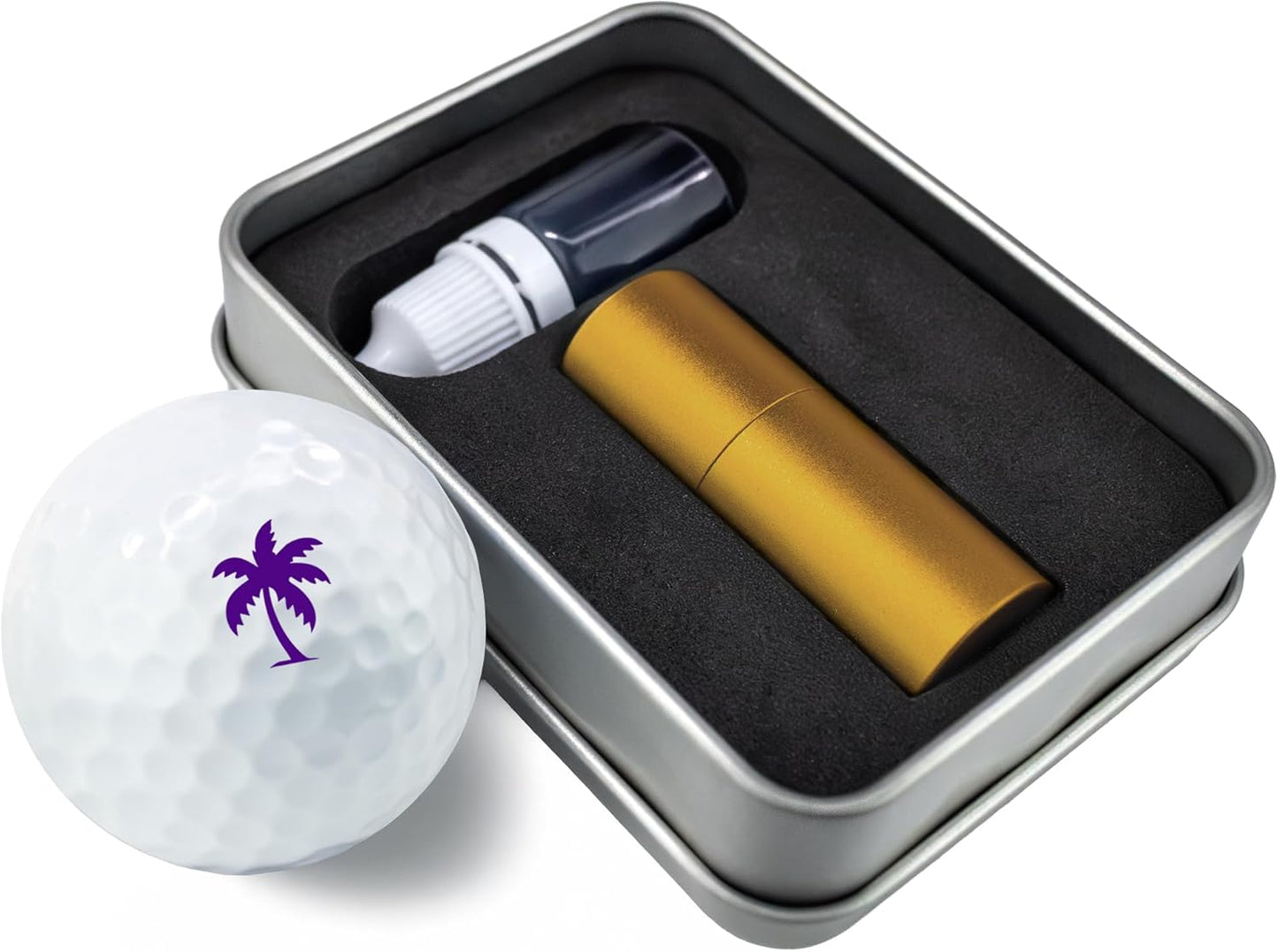 Golf Ball Marker Stamp with TiteSeal™ Technology - Palm Tree - Metallic Box with Golf Ball Stamp + Refill Ink Bottle - Purple