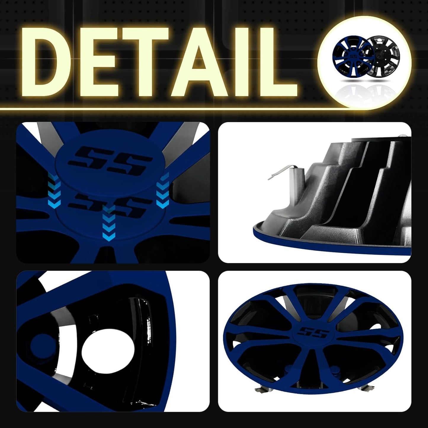 Golf Cart SS Wheel Covers Hub Caps for EZGO Club Car Yamaha, 8 inch Golf Cart Hub Caps, Set of 4 Wheel Covers, Black and Blue