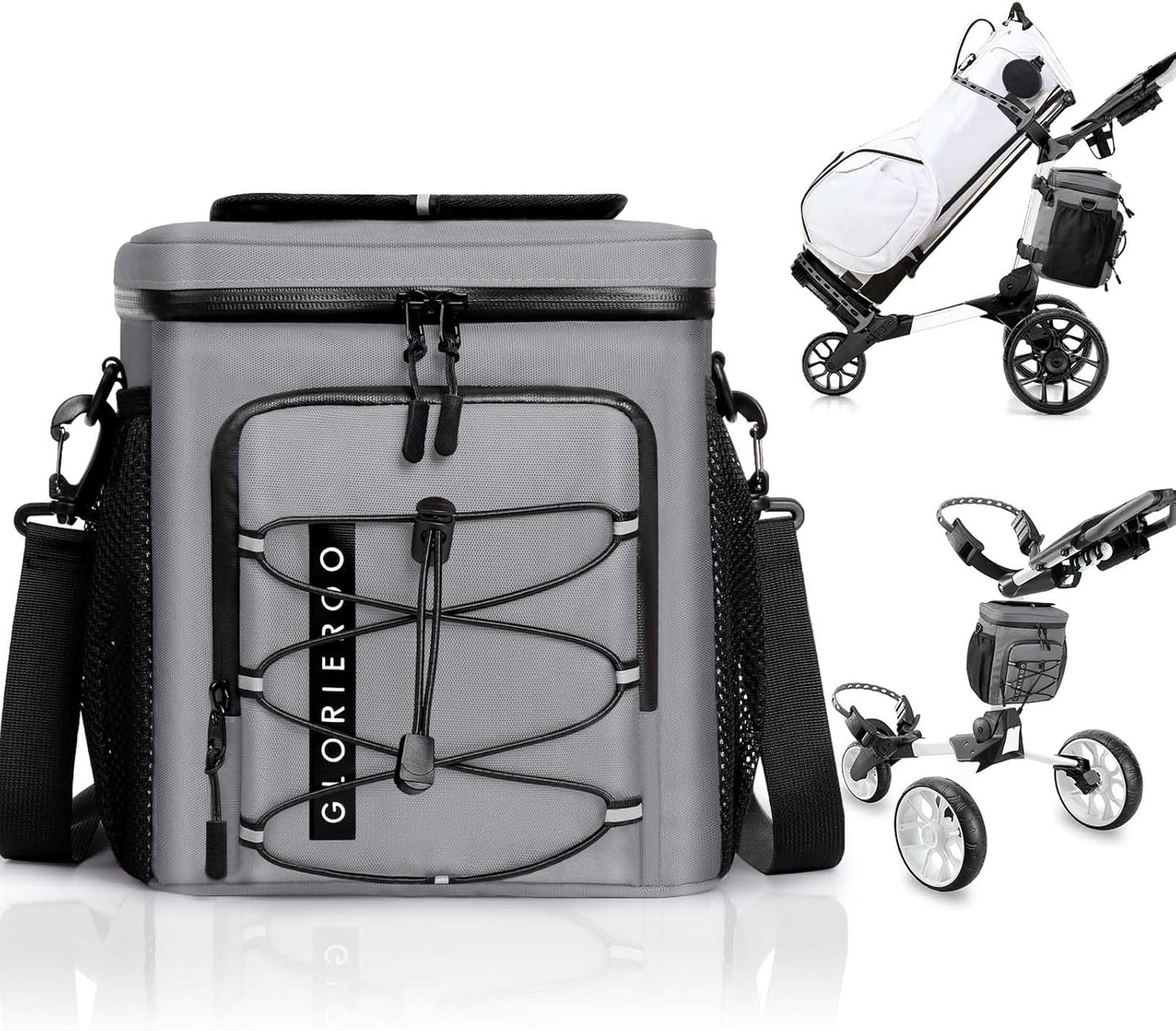 Golf Cart Cooler Bag Insulated - 12-Can Leakproof Soft Cooler Bag with Hook-and-Loop Lid, Waterproof Zippers, and Multi-Pockets for Accessories; Fits on Golf Push Cart
