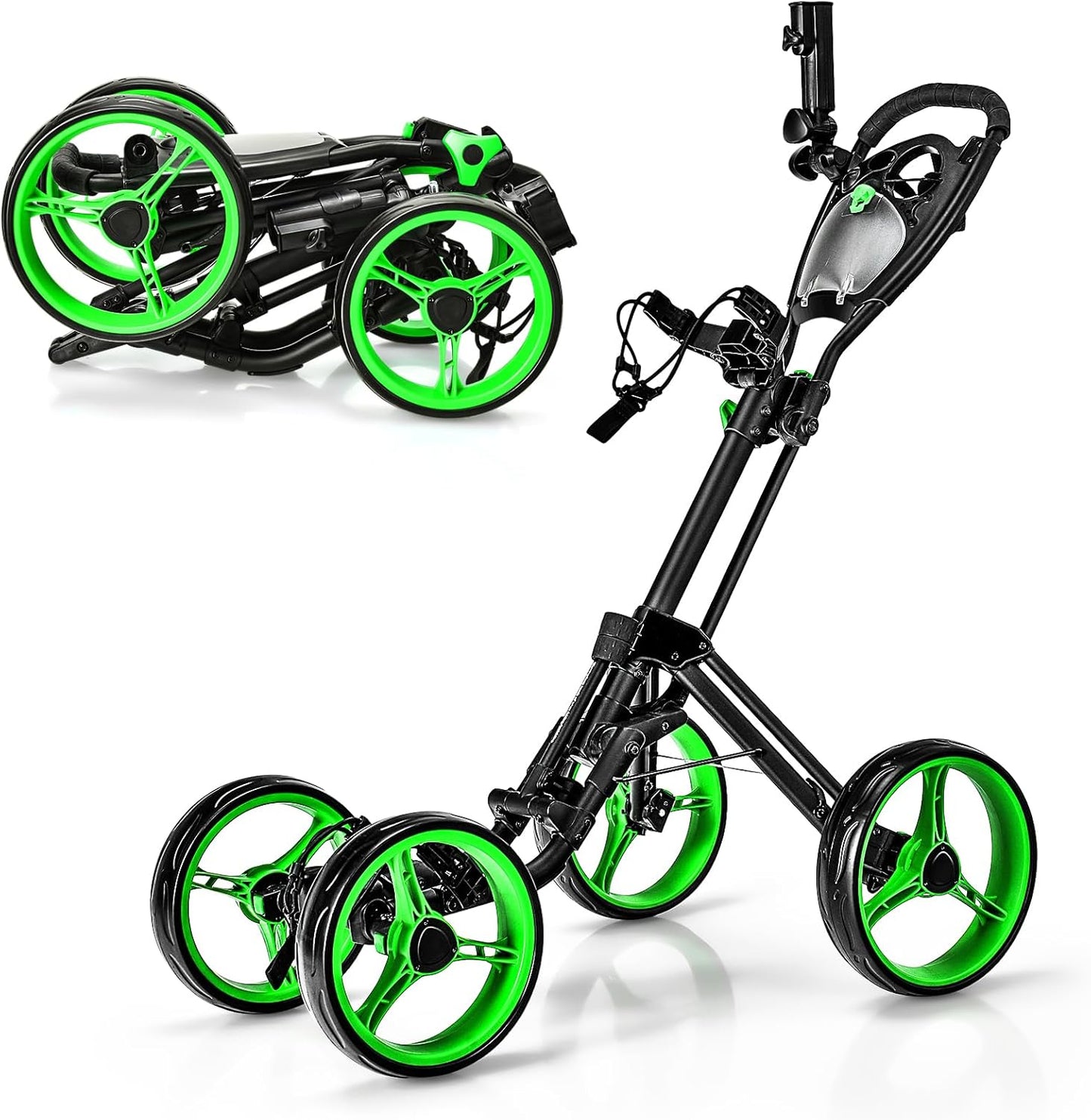 ULTIMATE 4 Wheel Golf Push Cart, Folding Golf Walking Cart w/Elastic Straps, Umbrella&Cup Holder, Scoreboard Storage, Lightweight Golf Trolley Cart w/Height Adjustable Handle&Foot Brake
