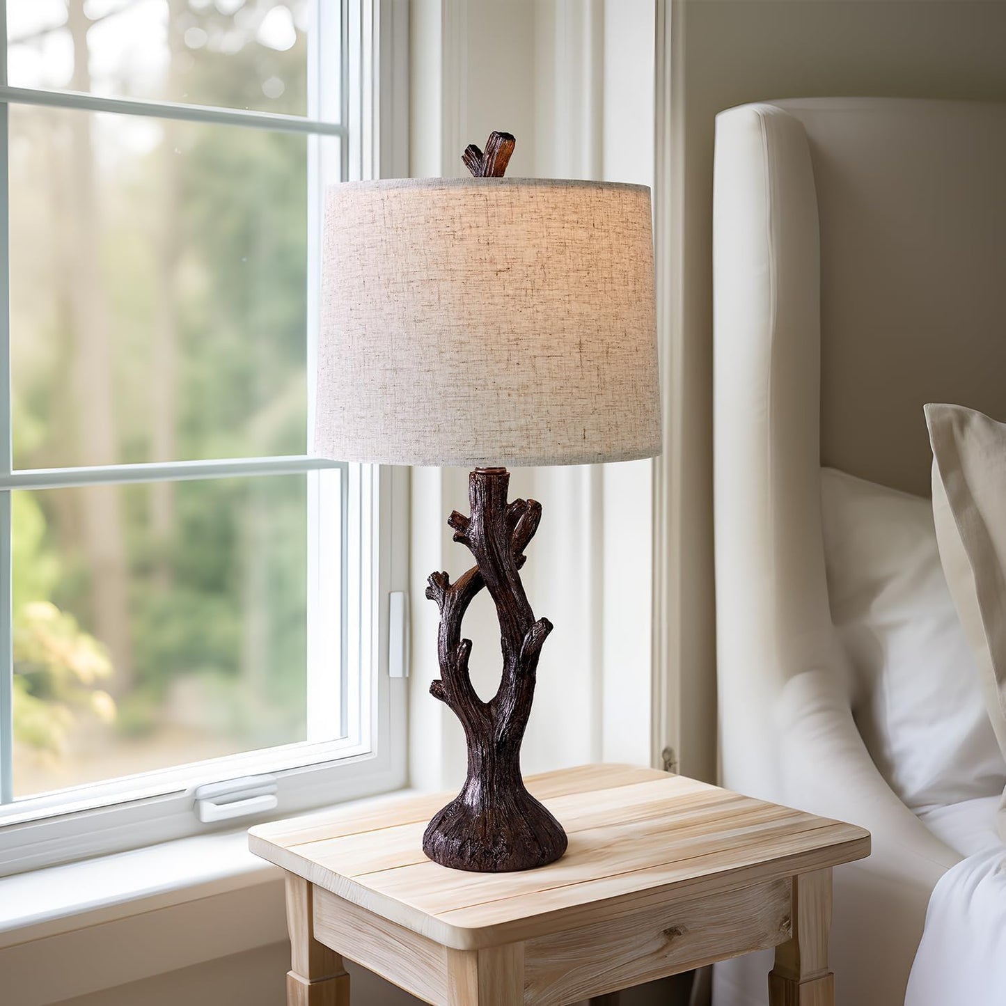 OYEARS 25" Farmhouse Table Lamp Set of 2 for Living Room Bedroom Resin Bedside Tree Lamp Nightstand End Table Lamps Vintage Natural Style