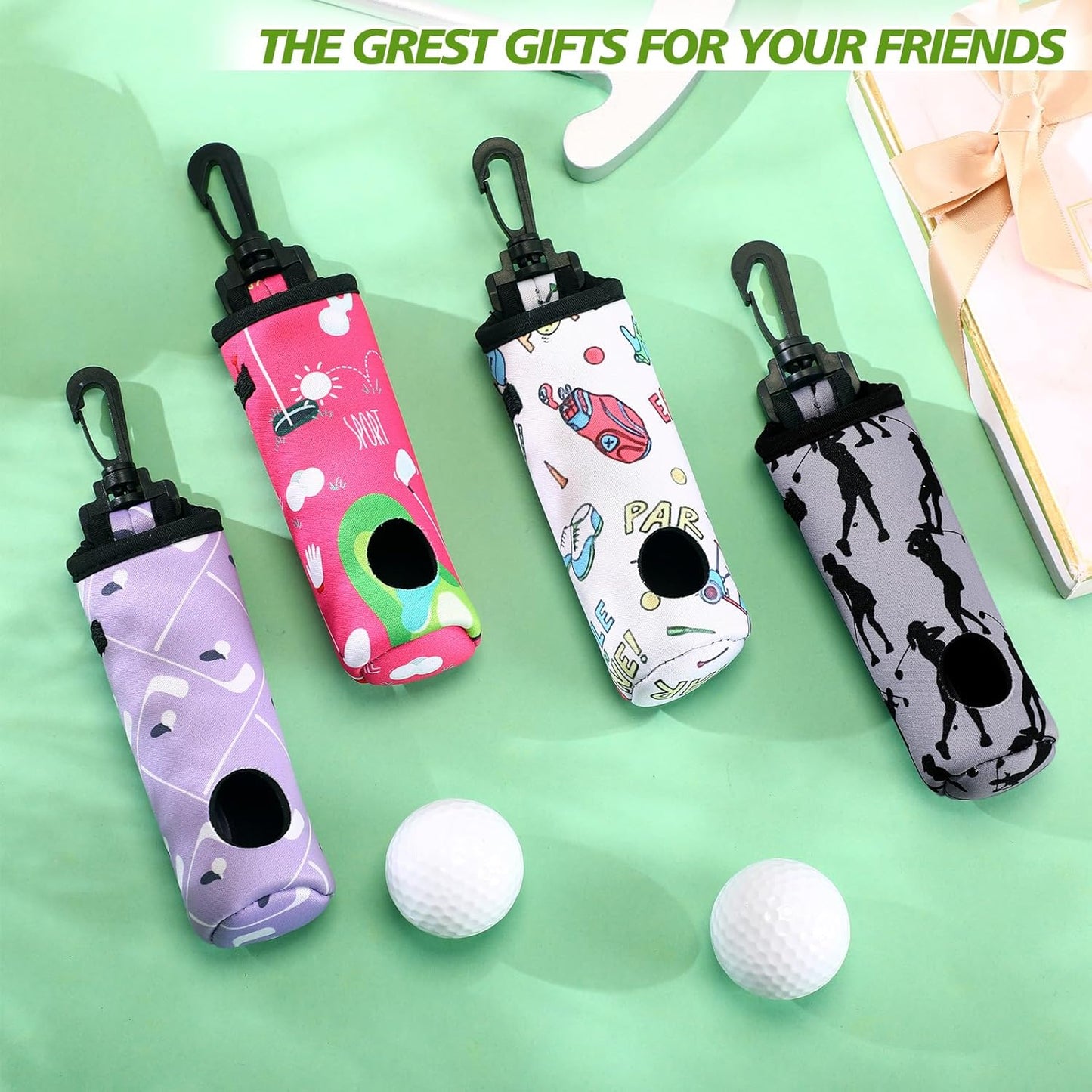 4 Pieces Golf Tee Holder Golf Ball Carry Bag Pouch Ball Holder Keychain Belt Clip Gifts Accessories