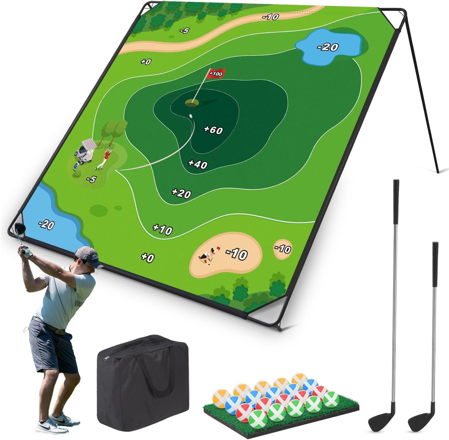 MOLACHI Golf Chipping Game, 71"x71" Portable Sticky Golf Play Mat, Indoor Outdoor Golf Practice, 2 Adjustable Clubs ＆ 20 Sticky Golf Balls for Adults, Family Fun Yard Game Golf Lawn Activity
