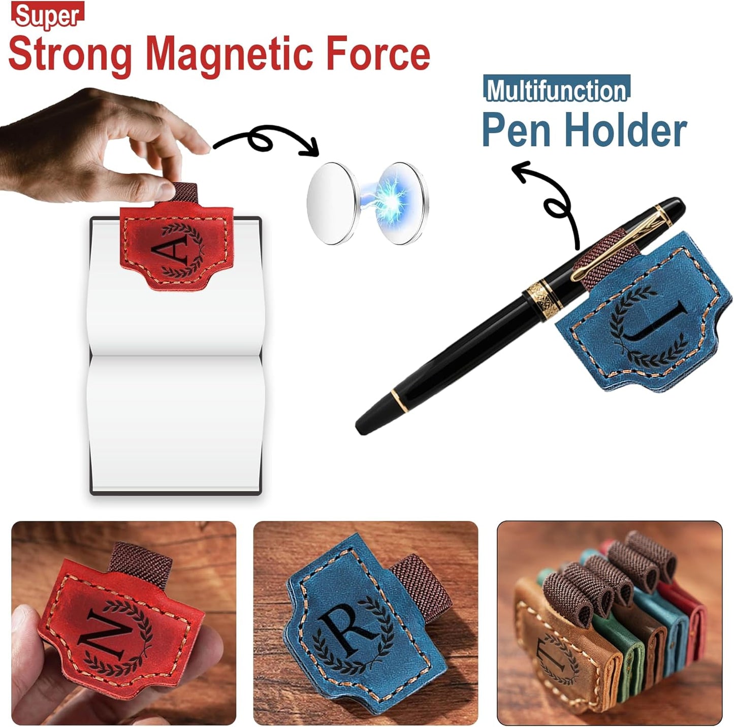 Bygone Mark Bookmark with Pen Holder, 26 Letters Name Initial Personalized Magnetic Bookmarks, Leather Book Mark for Men Women, Travelers Accessories, Teachers Readers Book Lovers Gifts (Purple, H)