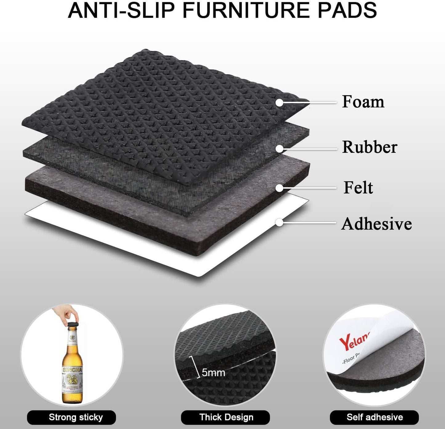 Yelanon Non Slip Furniture Pads -16 pcs 2” Furniture Grippers Hardwood Floors, Non Skid for Furniture Legs,Self Adhesive Rubber Feet, Anti Slide Furniture Floors Protectors for Keep Couch Stoppers