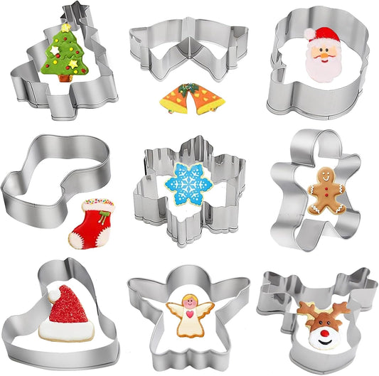 9PCS Cookie Cutters, Stainless Steel Biscuit Cutter, Snowman, Snowflake, Santa Claus,Gingerbread Man, Christmas Tree, Elk, Stockings Cookie Cutters for Biscuit, Fondant (Style 2)