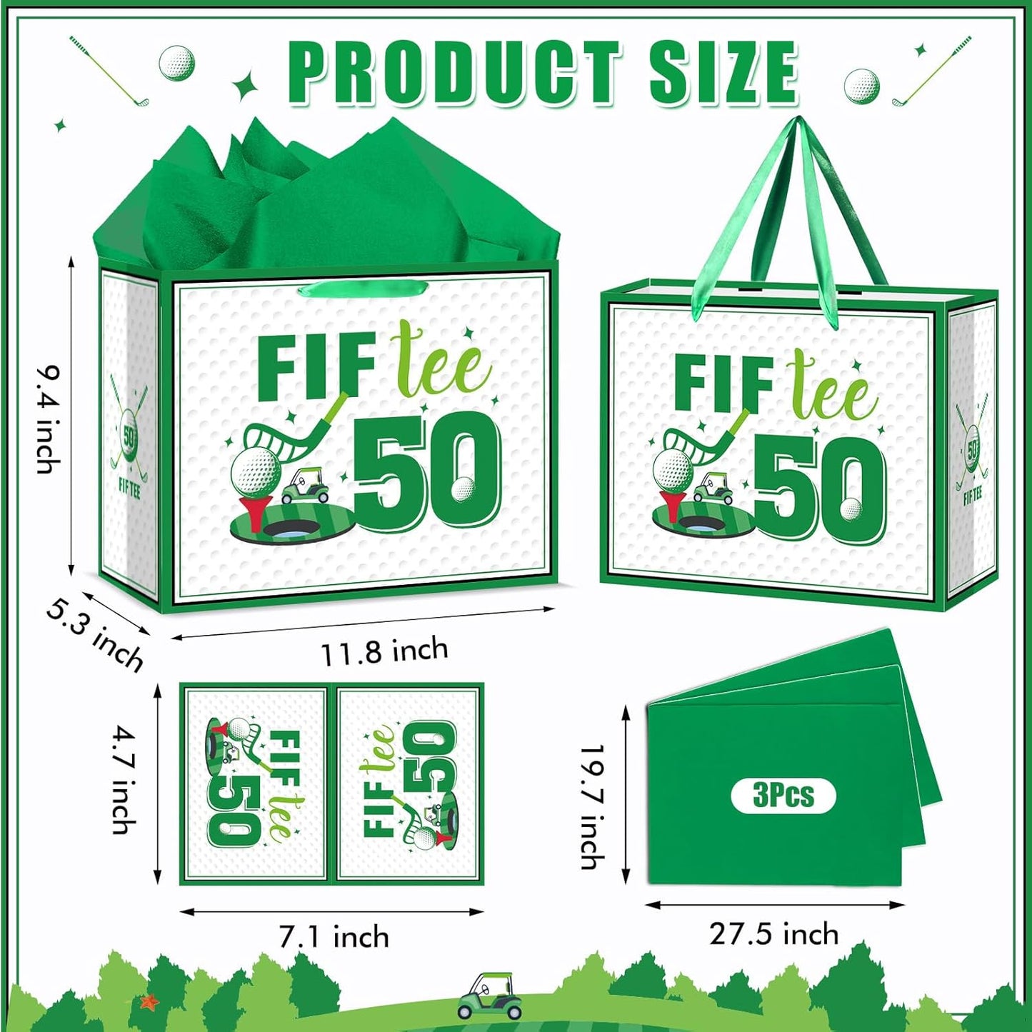 Quirkistry Golf 50th Birthday Gift Bag for Men Golf Happy Fifty Birthday Party Gifts bag with Tissue Paper Greeting Card Fif-Tee Bday Gift Wrapping Bag for Sports Themed Party Decorations Supplies